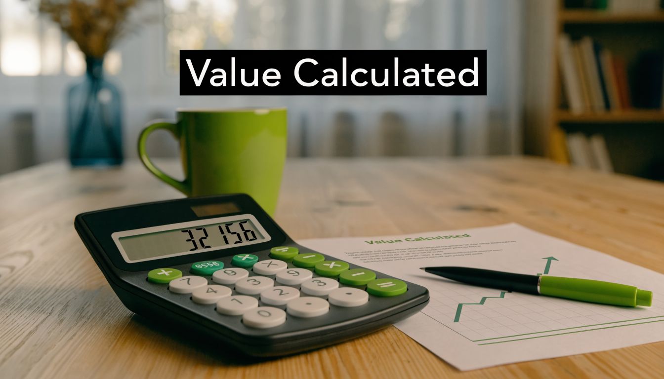 A calculator with the number 32156 on its screen sitting next to a green pen and document.