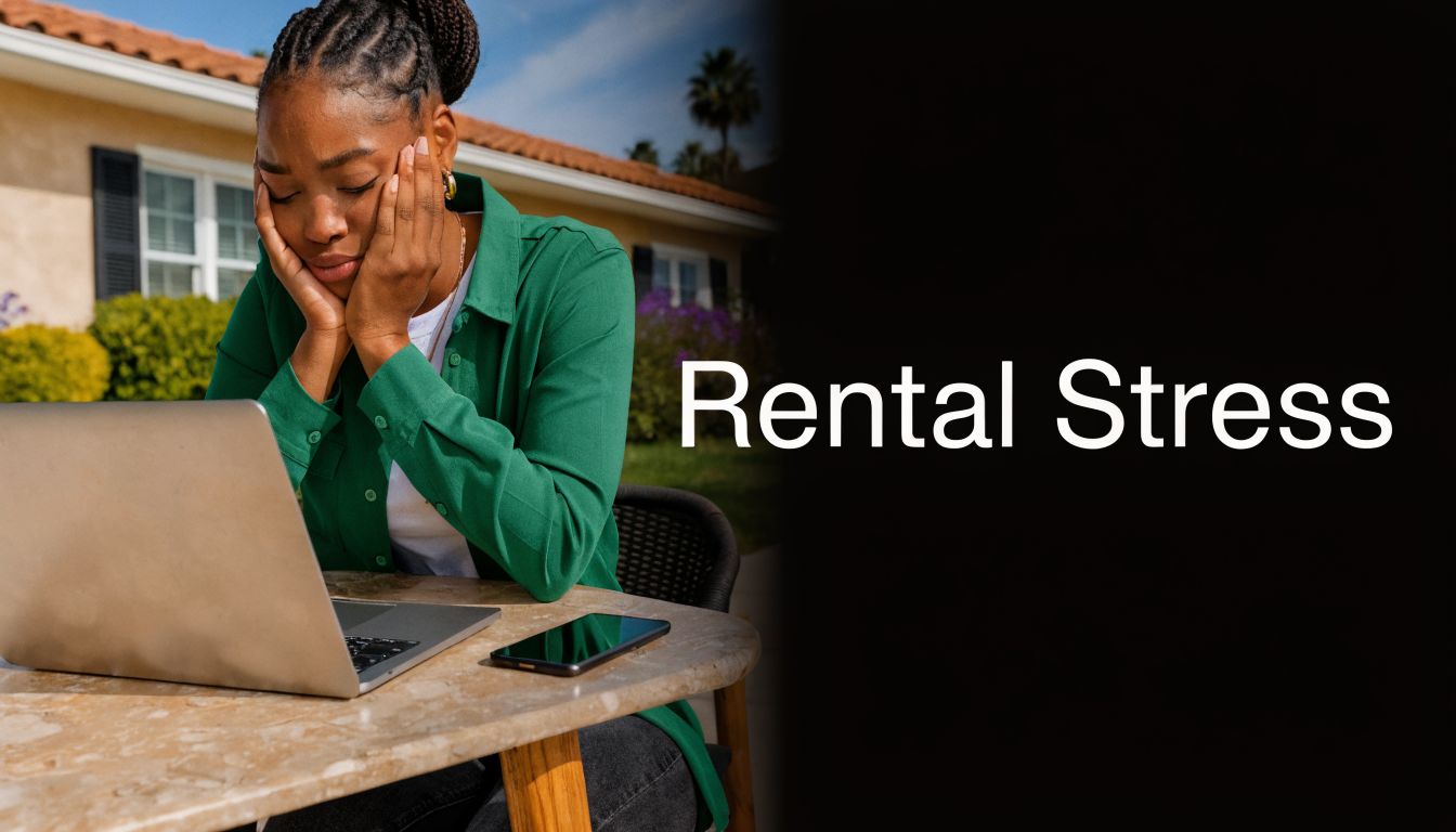 A stressed woman sitting at an outdoor table with a laptop, reflecting the impact of rental costs.