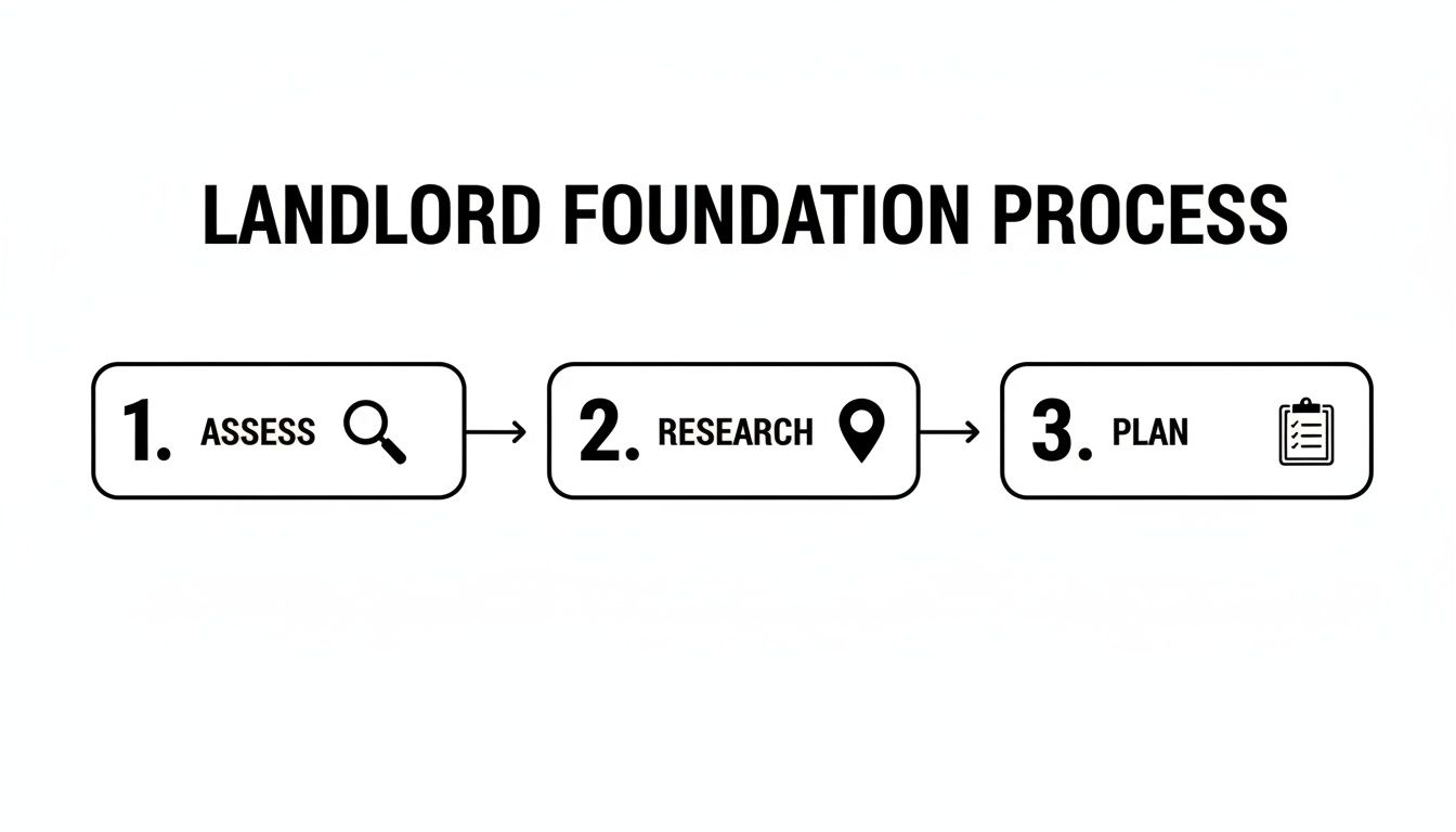 A landlord foundation process flowchart illustrating three key steps: assess, research, and plan.