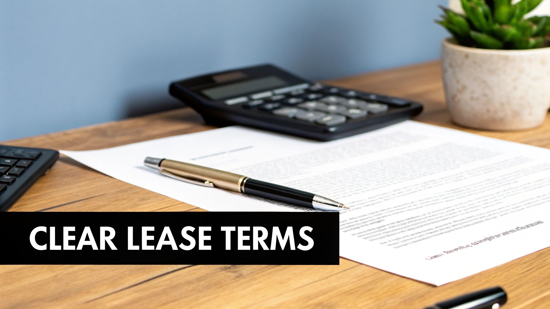 Close-up of a desk with a lease document, a pen, and a calculator, featuring 'CLEAR LEASE TERMS'.