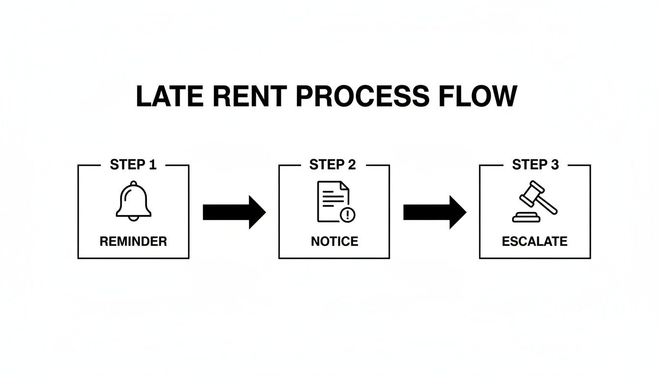 A three-step late rent process flow chart showing reminder, notice, and escalation.
