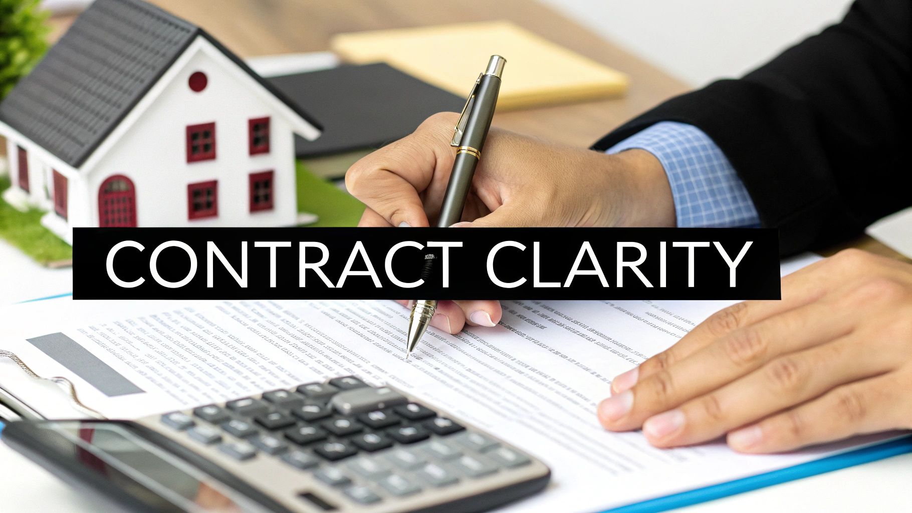 A person signs a contract with a pen, next to a calculator and a small house model, emphasizing contract clarity.