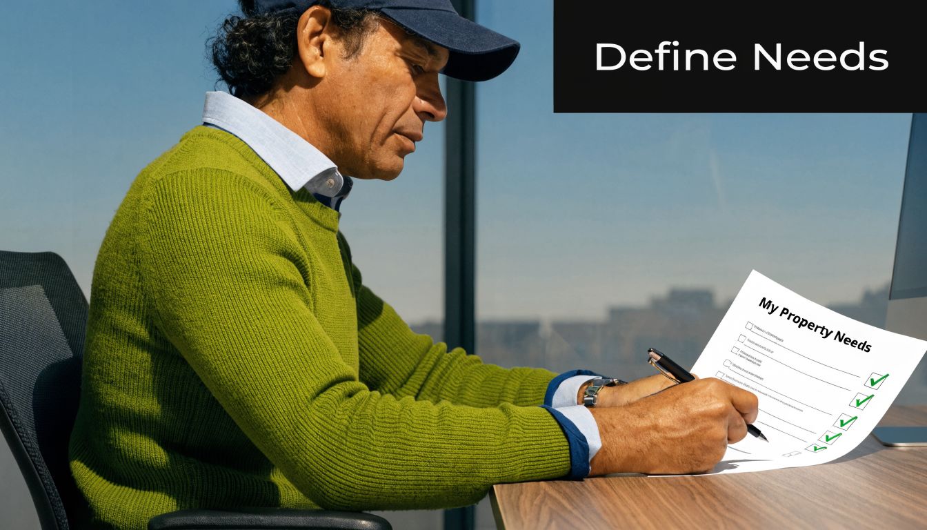 A man in a green sweater filling out a property needs form at his office desk.