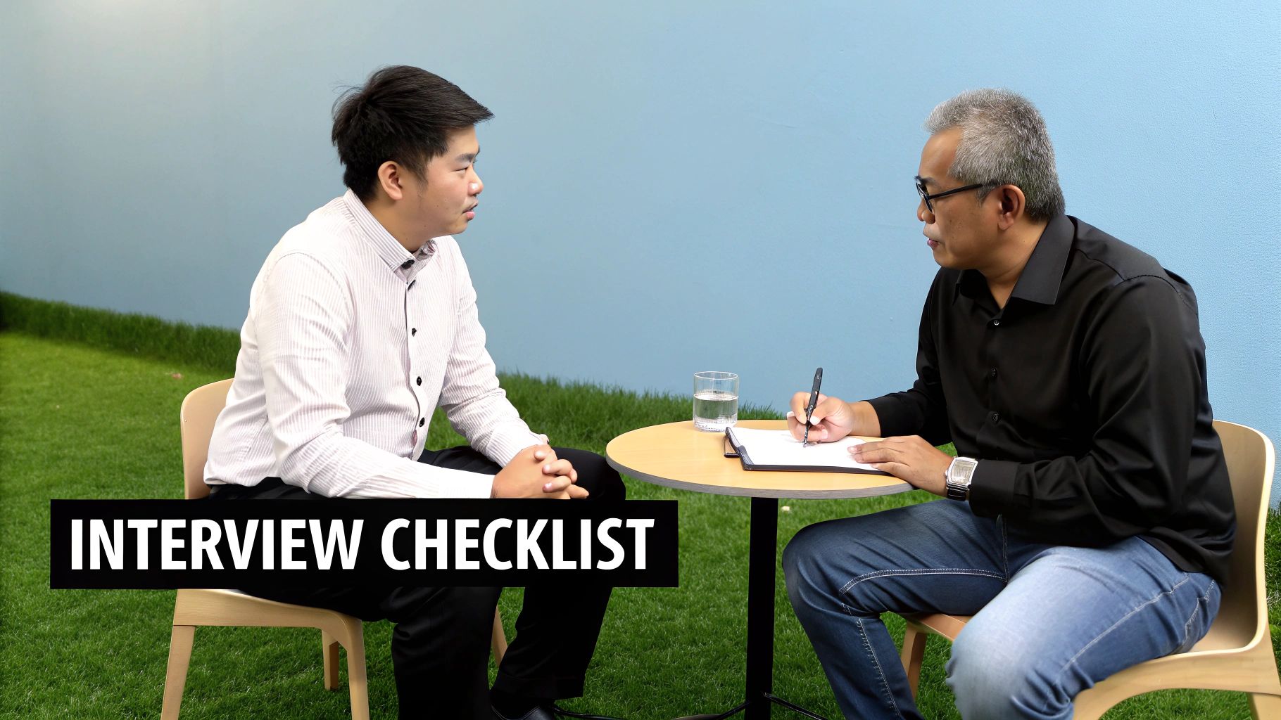 Two men engaged in an interview, one taking notes, with an "INTERVIEW CHECKLIST" overlay.