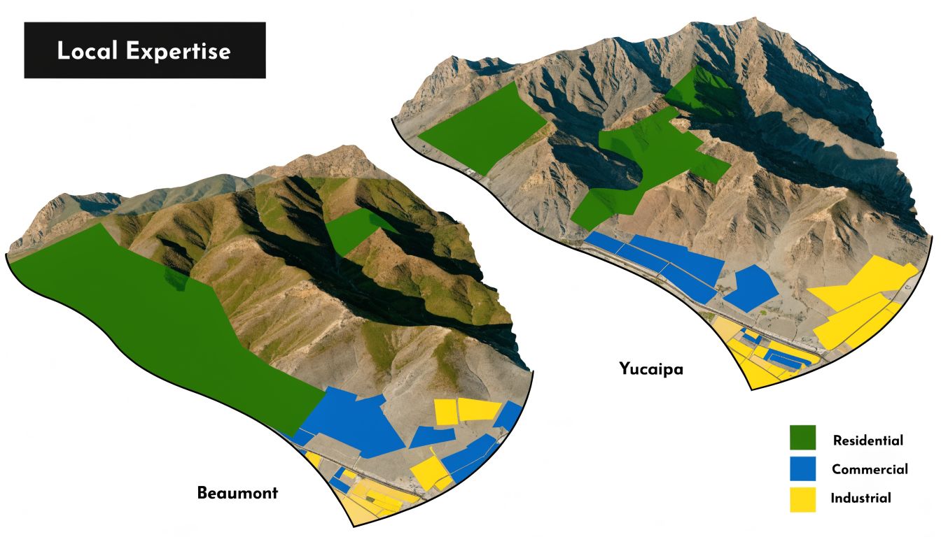 A map illustration showing land use zoning categories for residential, commercial, and industrial areas in Beaumont and Yucaipa.