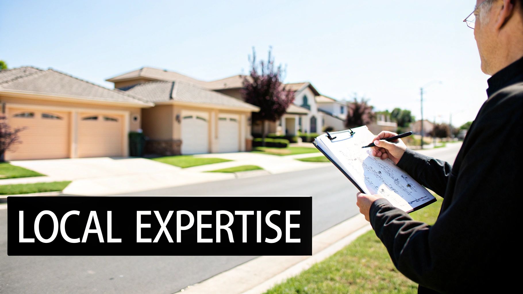 A real estate agent reviews documents on a clipboard in a sunny residential neighborhood, highlighting local expertise.