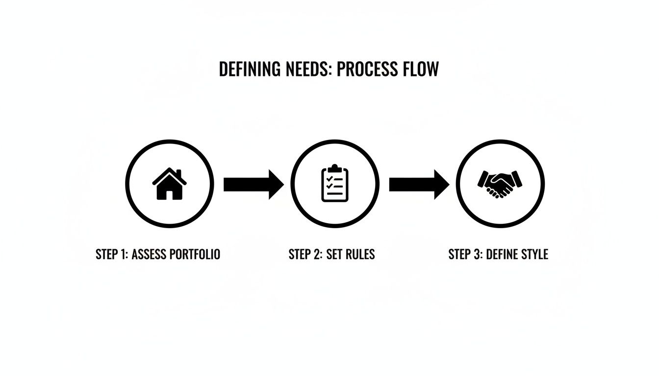 A process flow diagram outlines three steps for defining needs: assess portfolio, set rules, define style.
