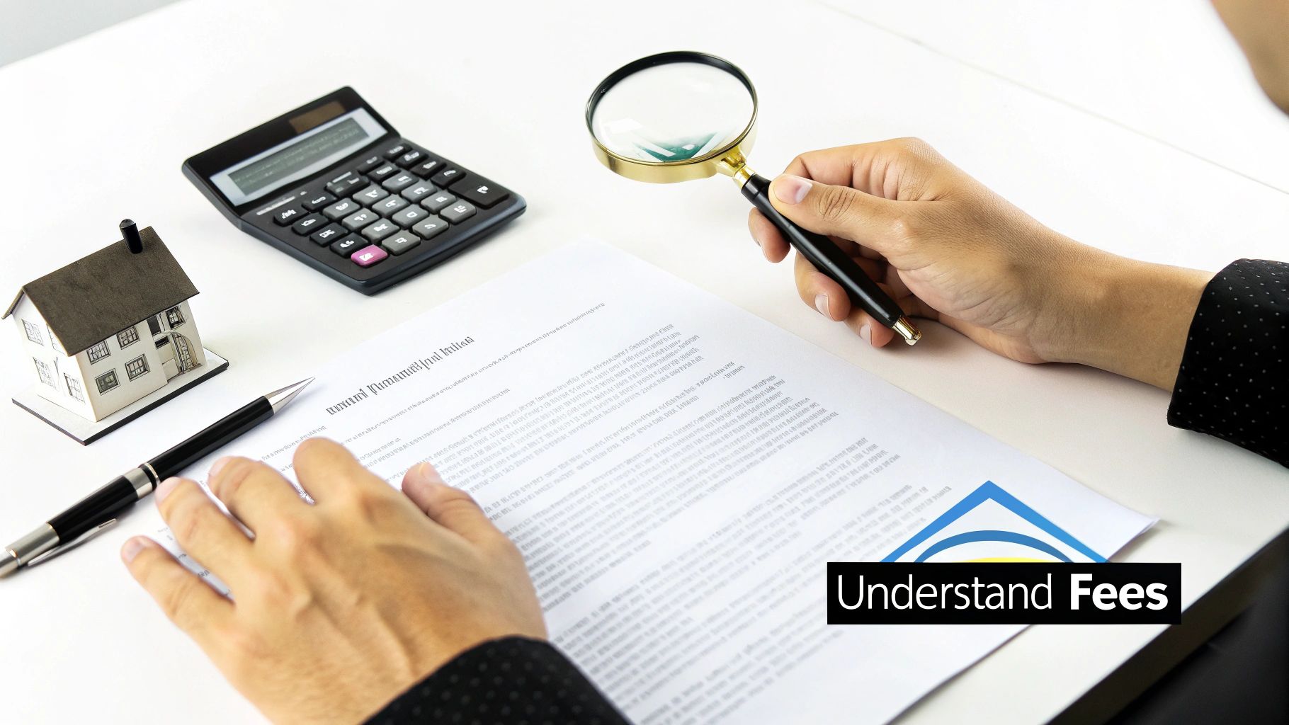 A person analyzing a document with a magnifying glass, next to a calculator and a miniature house, highlighting understanding fees.