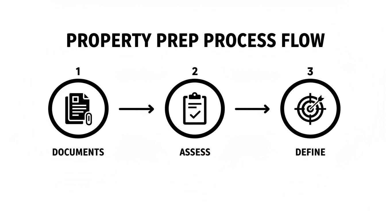 A property preparation process flow diagram outlining three steps: documents, assess, and define.