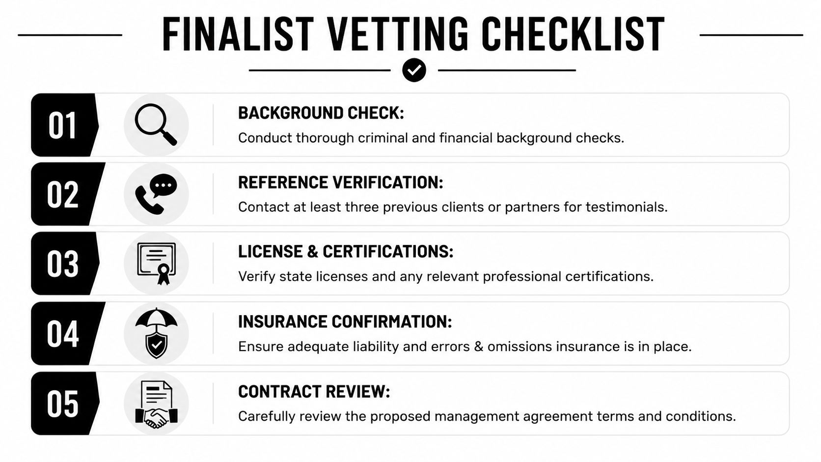 A checklist infographic titled Finalist Vetting Checklist detailing five essential steps for professional background verification and screening.