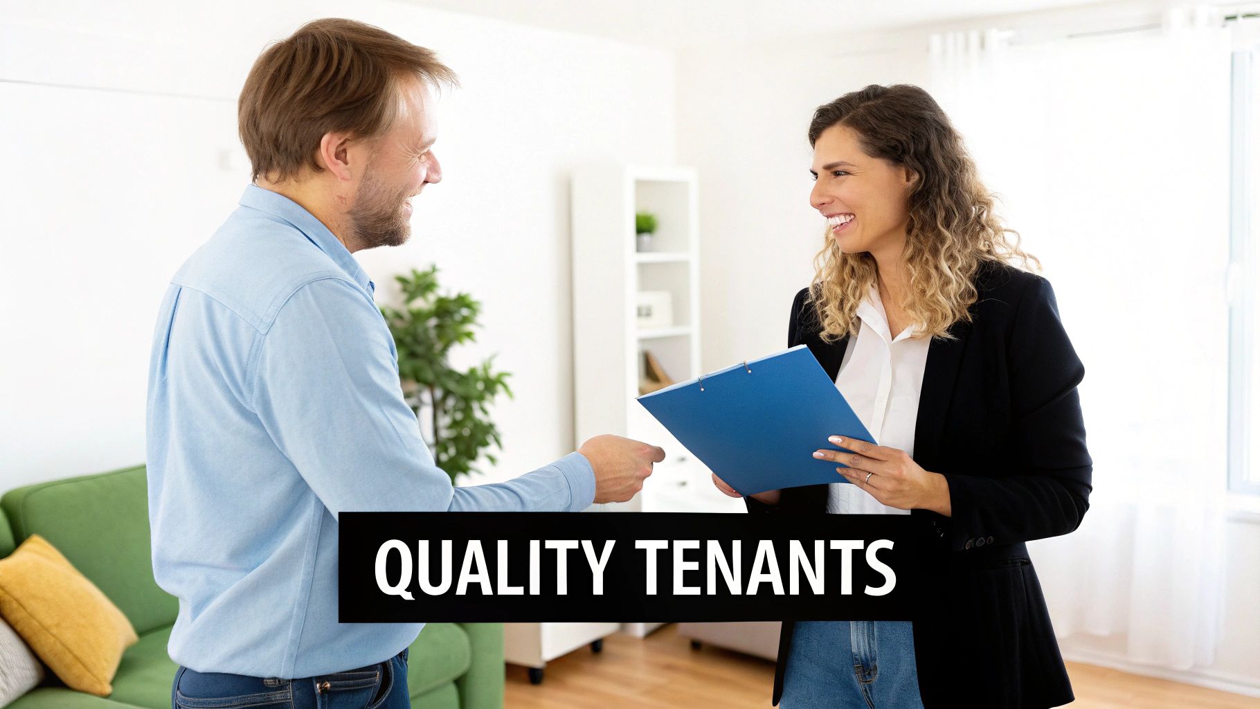 Smiling real estate agent woman handing documents to a happy man, implying a quality tenant interaction.