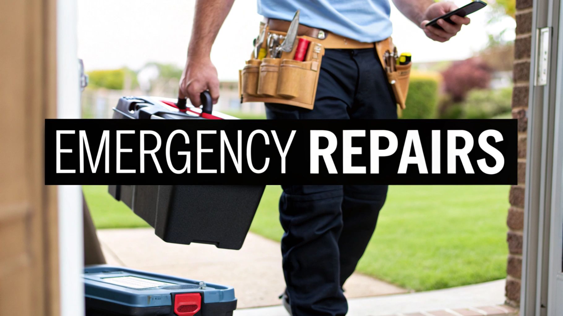 A person carrying a toolbox and holding a phone, with text 'EMERGENCY REPAIRS' overlaid.