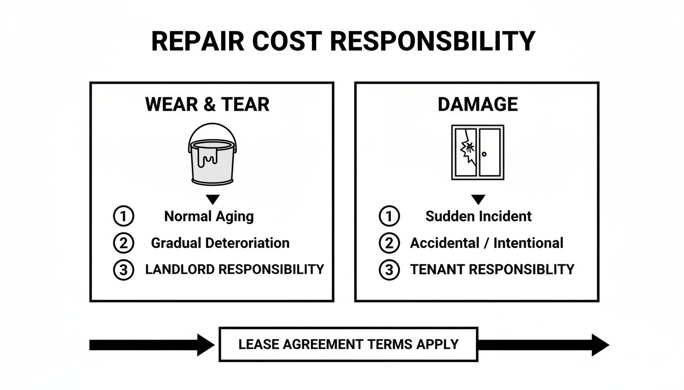 Infographic illustrating landlord and tenant repair cost responsibility for wear and tear versus damage.