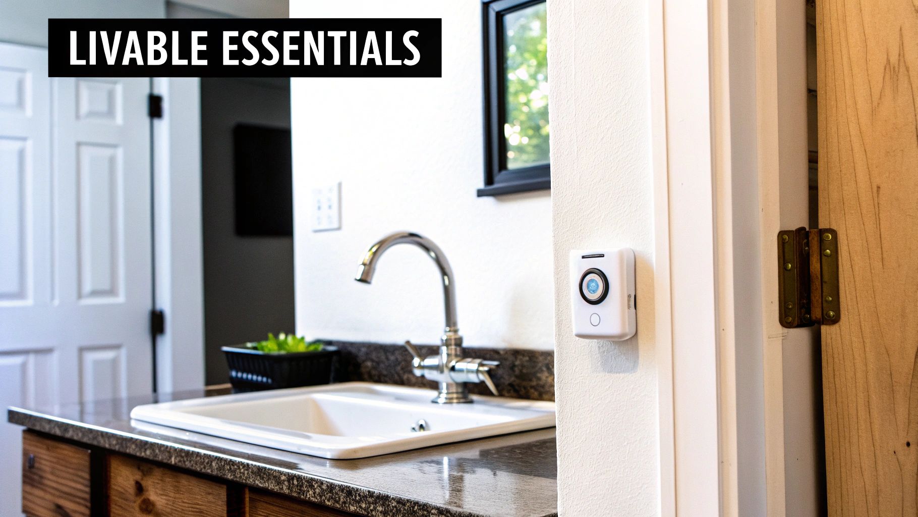 A kitchen sink area featuring a faucet, countertop, and a white wall-mounted smart device.