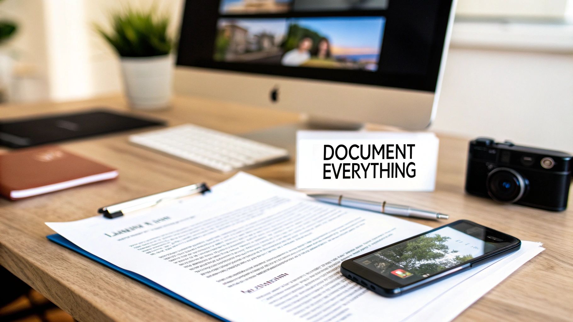 A professional workspace with a computer, documents, smartphone, camera, and a 'DOCUMENT EVERYTHING' sign.