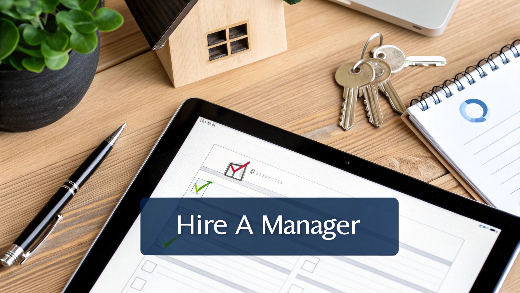 Desk with tablet displaying 'Hire A Manager' text, miniature house, keys, pen, and notebook.