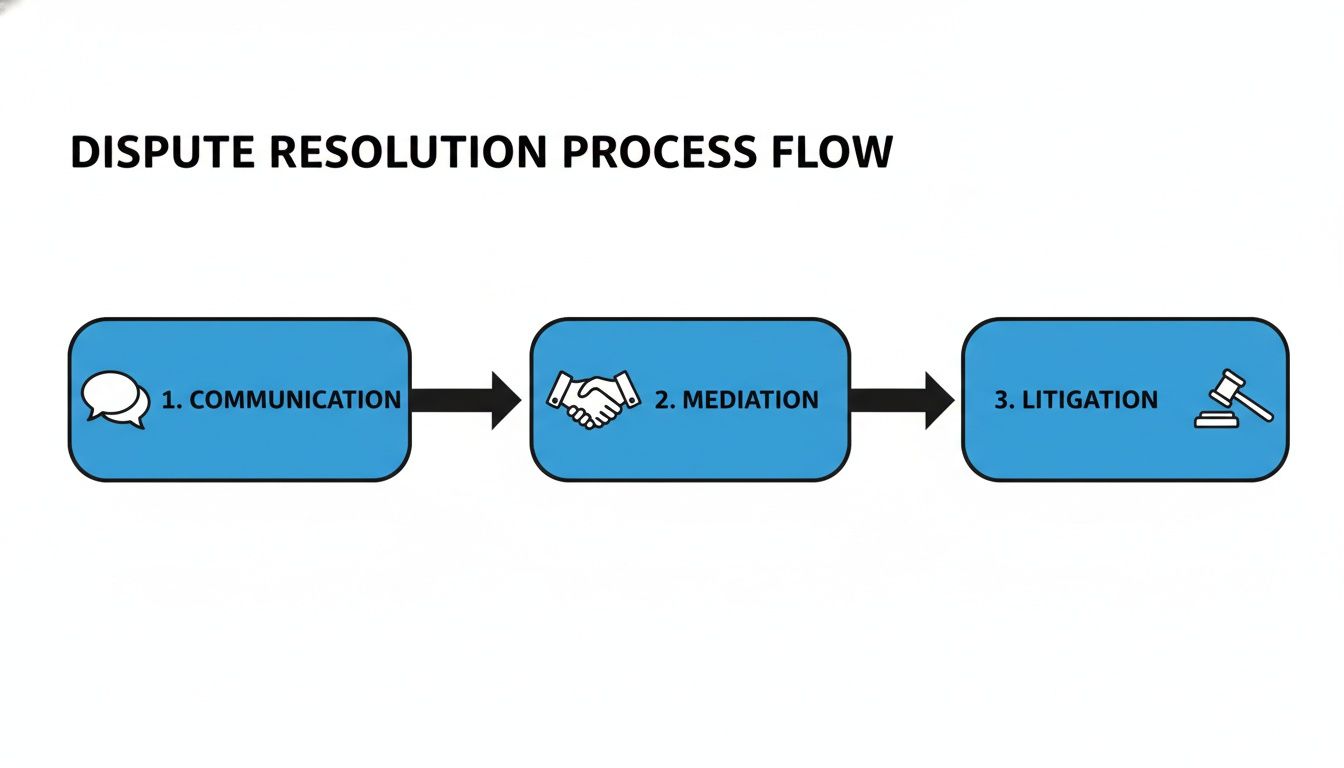 Flowchart showing dispute resolution process steps: 1. Communication, 2. Mediation, and 3. Litigation.