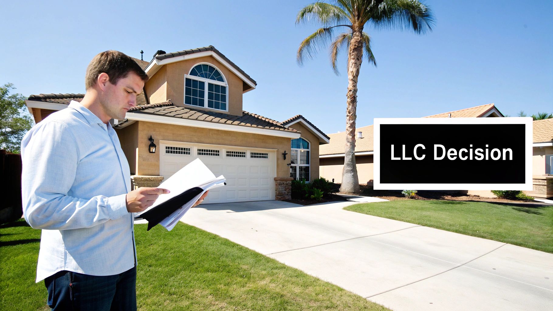 A man reviews documents in front of a suburban house with an 'LLC Decision' sign, considering property management.