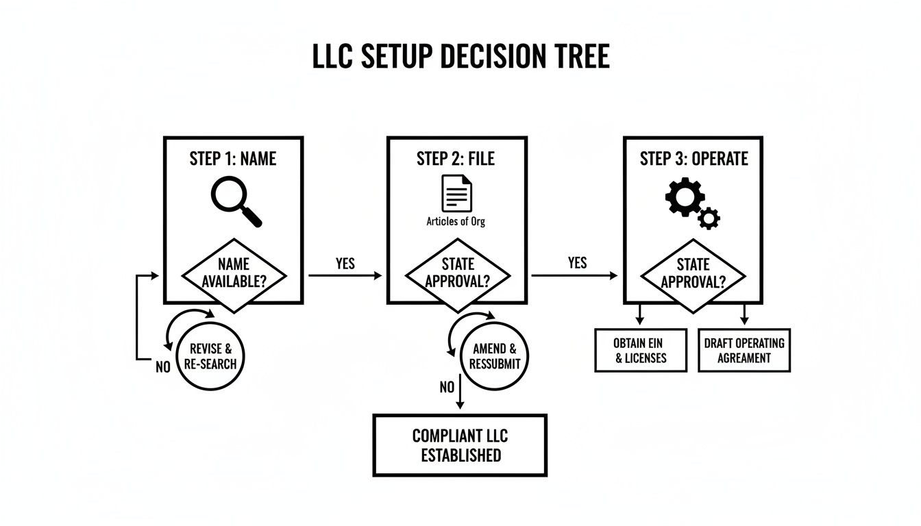 A decision tree illustrating the three steps for establishing a compliant LLC: Name, File, and Operate.