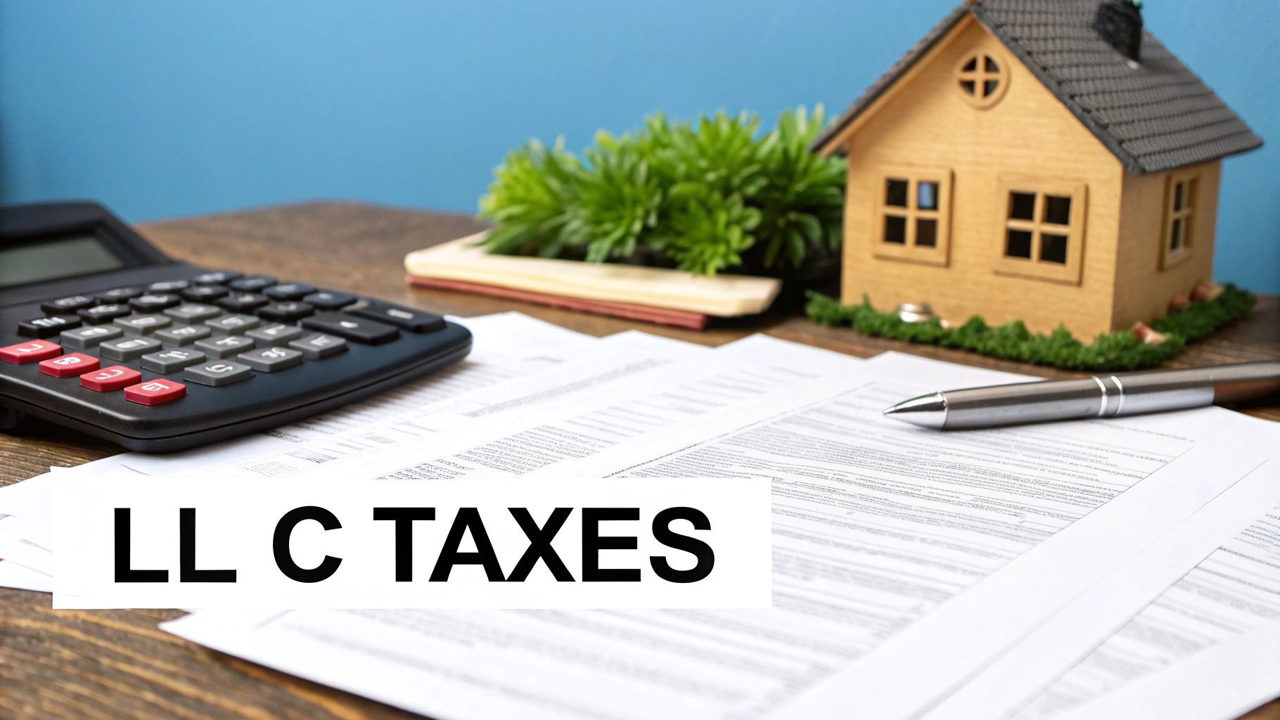 A calculator, documents, pen, and a small house model on a desk with 'LLC TAXES' text.