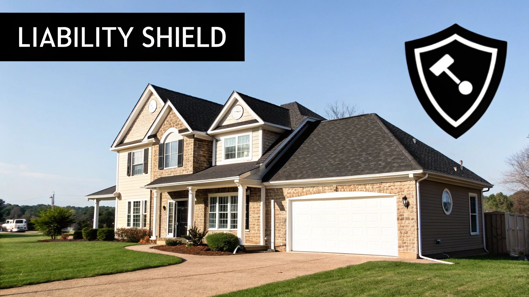 A modern two-story house with a garage and green lawn, featuring 'Liability Shield' text and a shield icon.