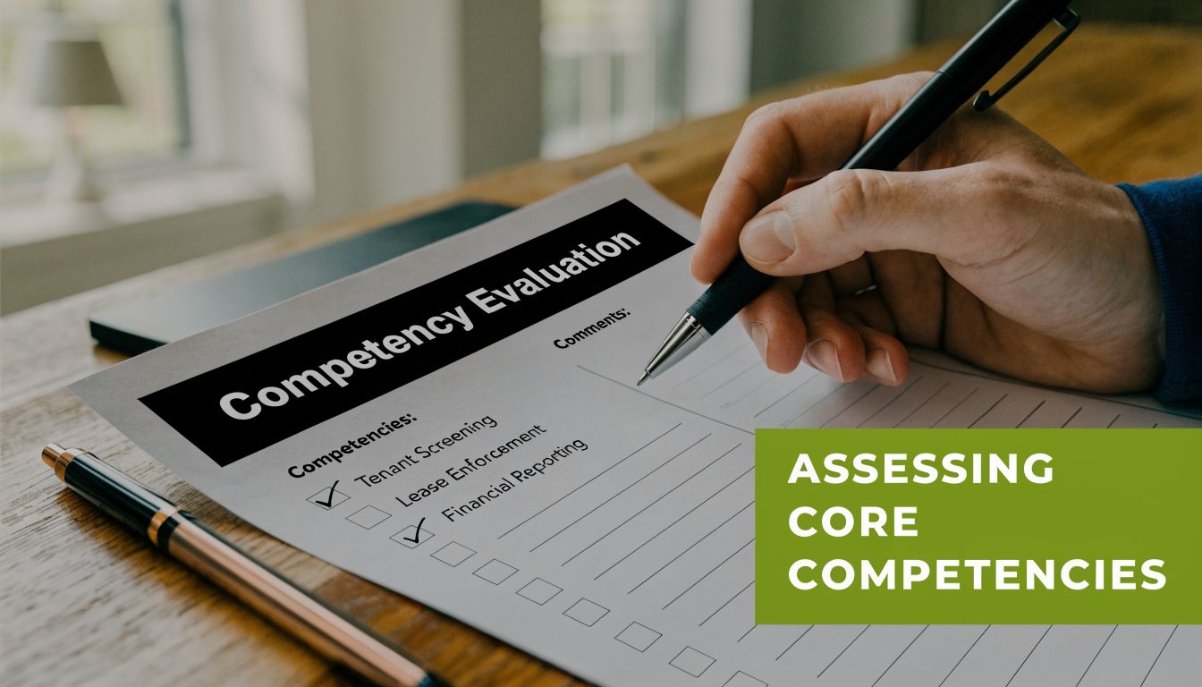 A hand holding a pen filling out a property management competency evaluation form on a wooden desk.