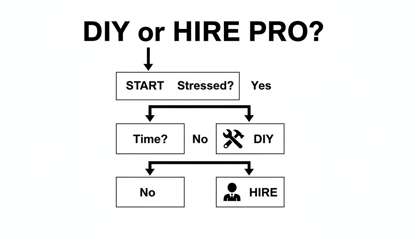 Flowchart illustrating decisions between DIY projects and hiring professionals based on stress and time.