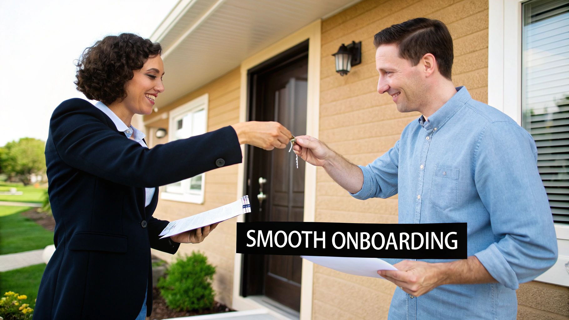 A smiling woman hands keys to a happy man in front of a house, symbolizing a smooth onboarding process.