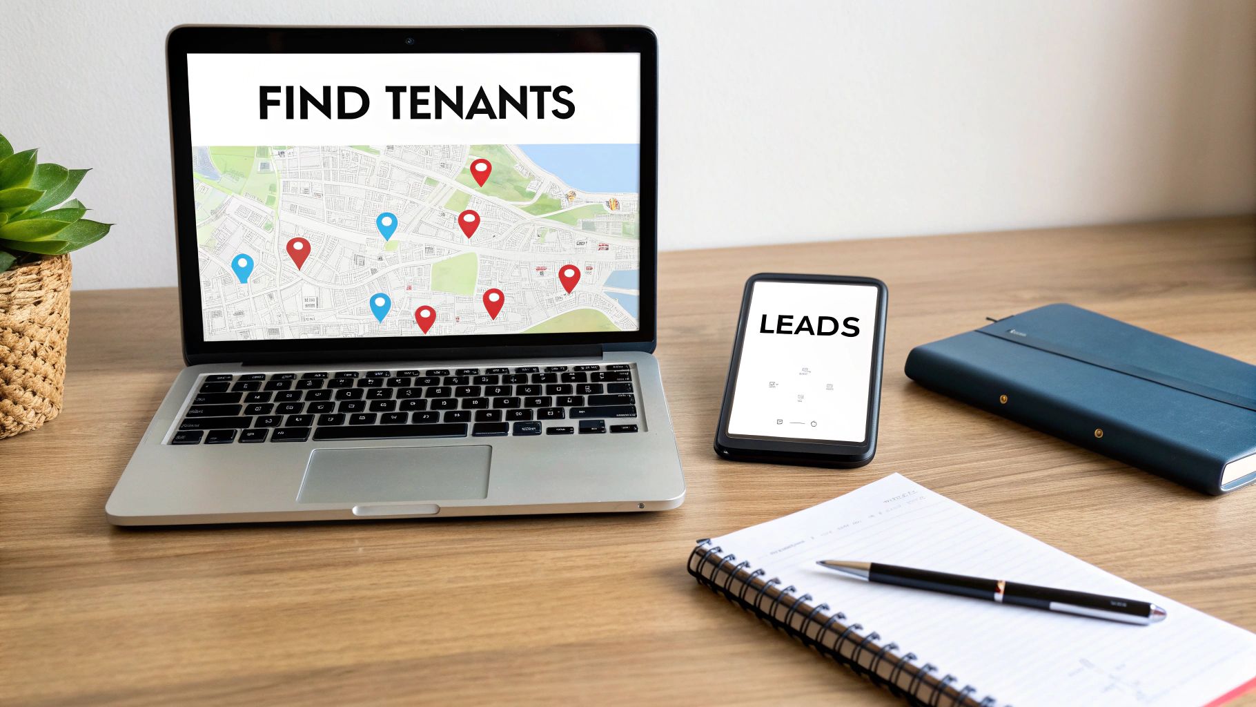 A laptop screen displays 'FIND TENANTS' over a map with pins, next to a phone showing 'LEADS'.