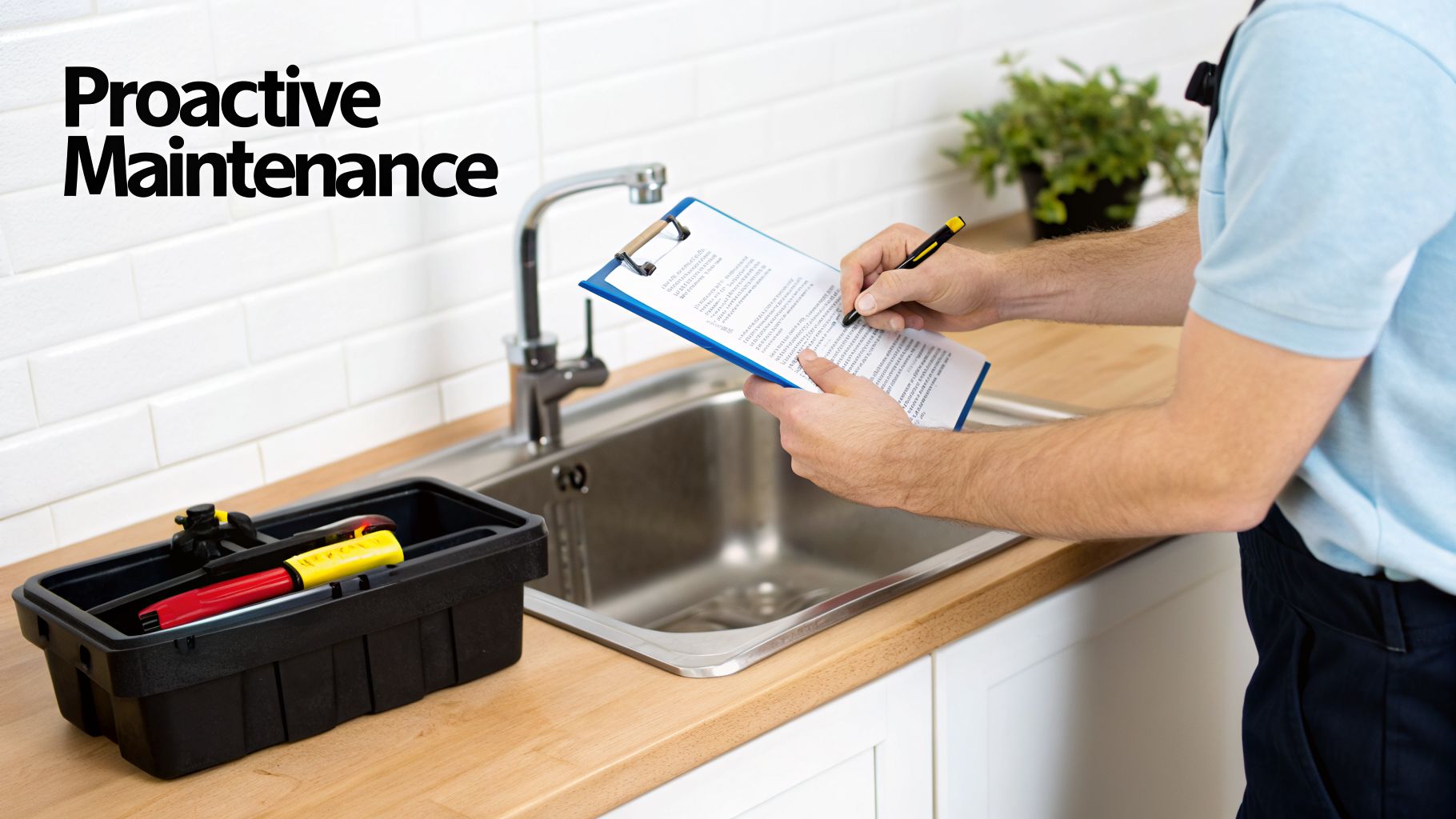 A maintenance worker writes on a clipboard beside a kitchen sink, emphasizing proactive maintenance.
