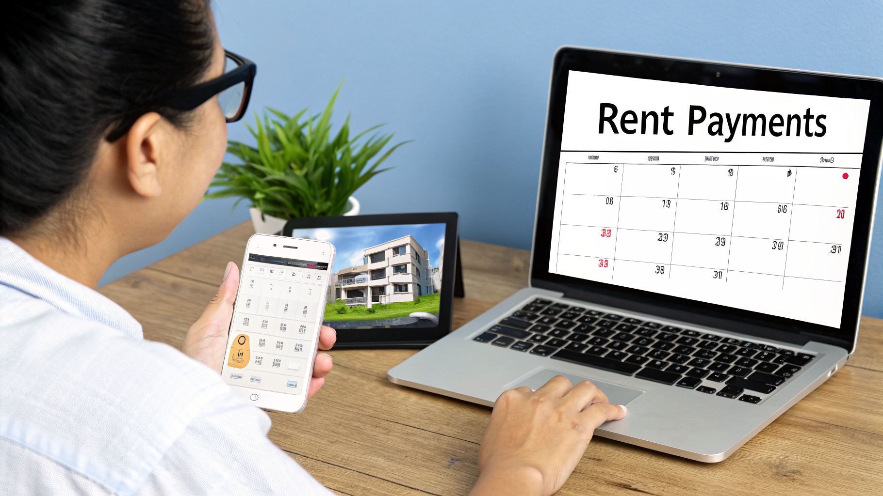 A person manages rent payments on a laptop, using a smartphone, and viewing a building on a tablet.