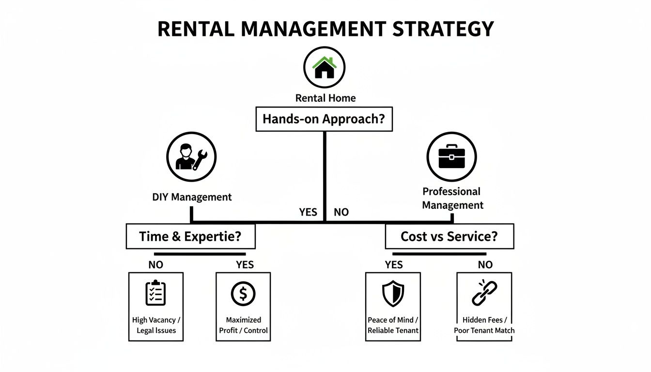 Flowchart detailing rental management strategies: DIY vs professional, with pros and cons.