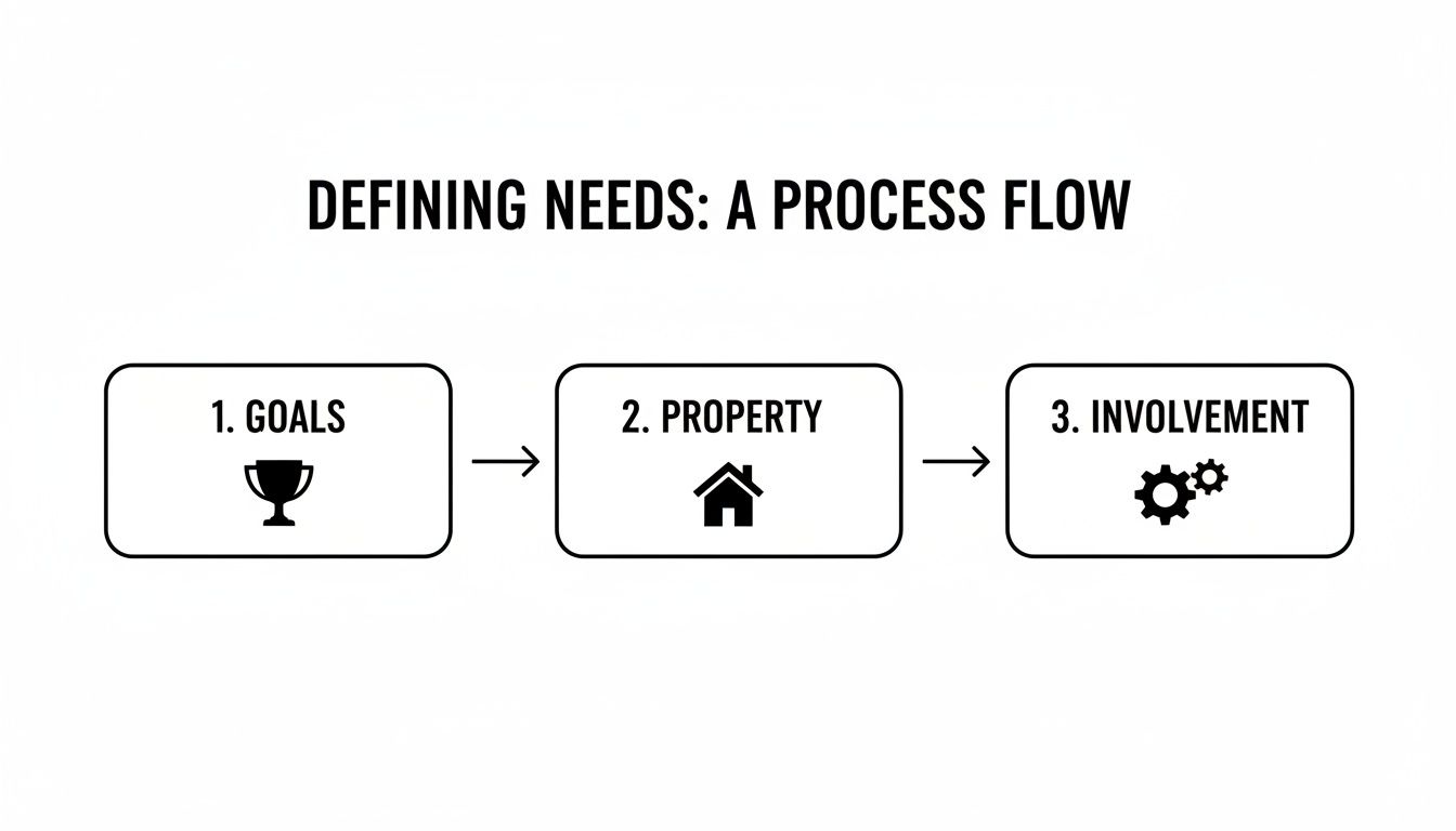 A diagram illustrating a three-step process for defining needs: Goals, Property, and Involvement, with icons.