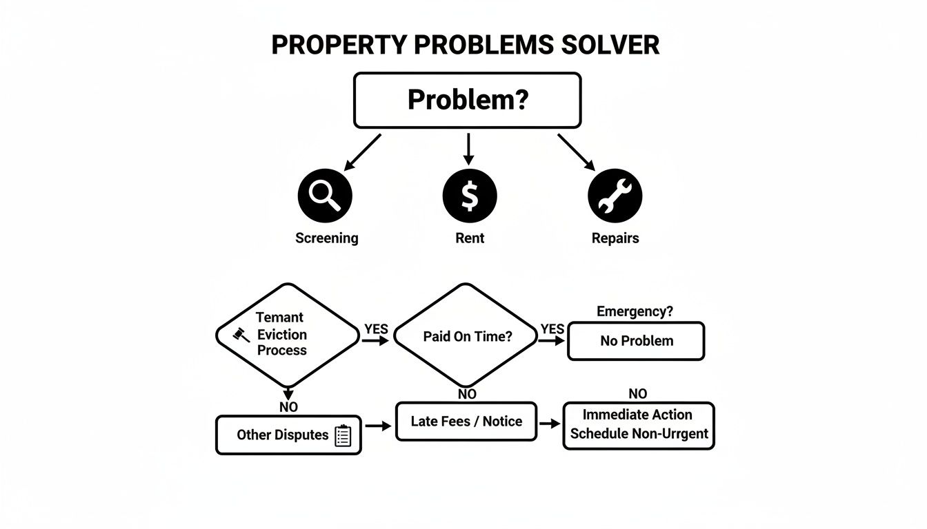 Flowchart illustrating property problem-solving steps for screening, rent, and repairs.