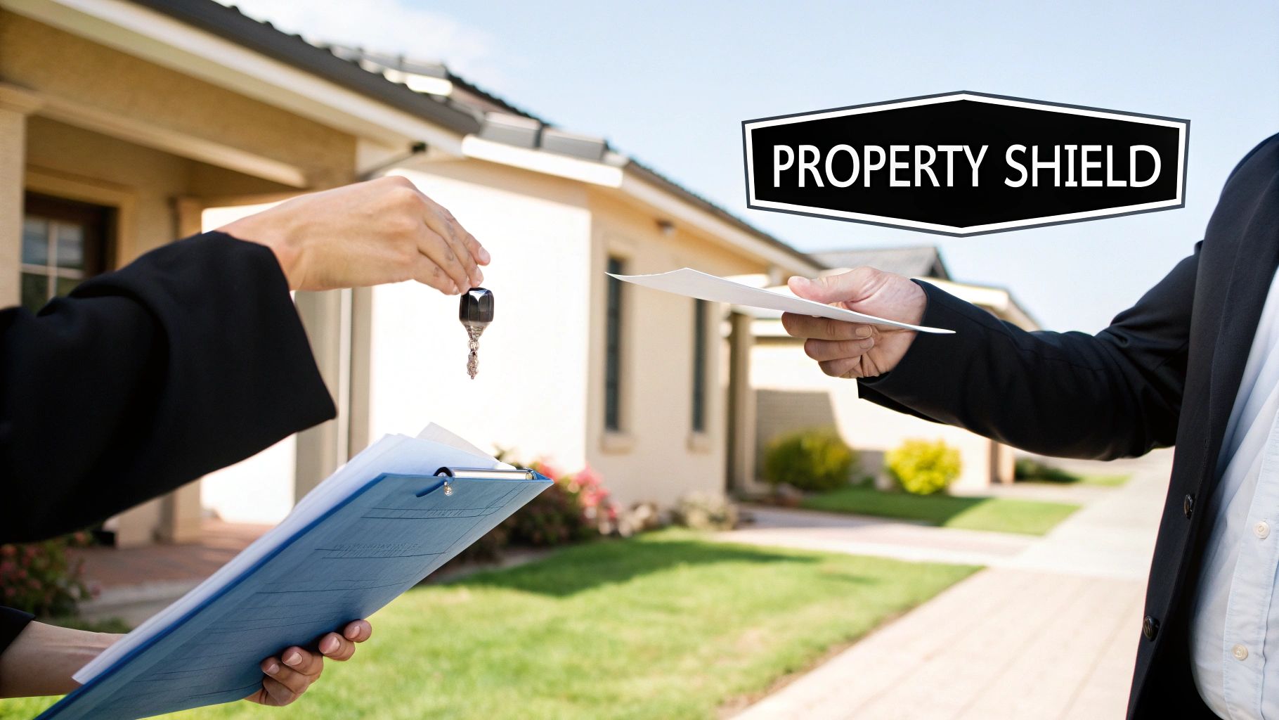 A real estate agent hands house keys to a client, while another document is exchanged, symbolizing a property transaction.