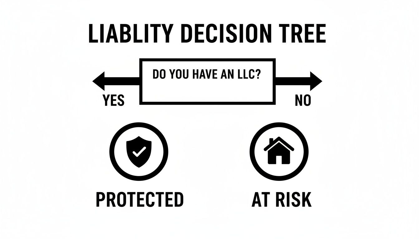 A liability decision tree flowchart explaining how an LLC offers protection, while lacking one puts assets at risk.