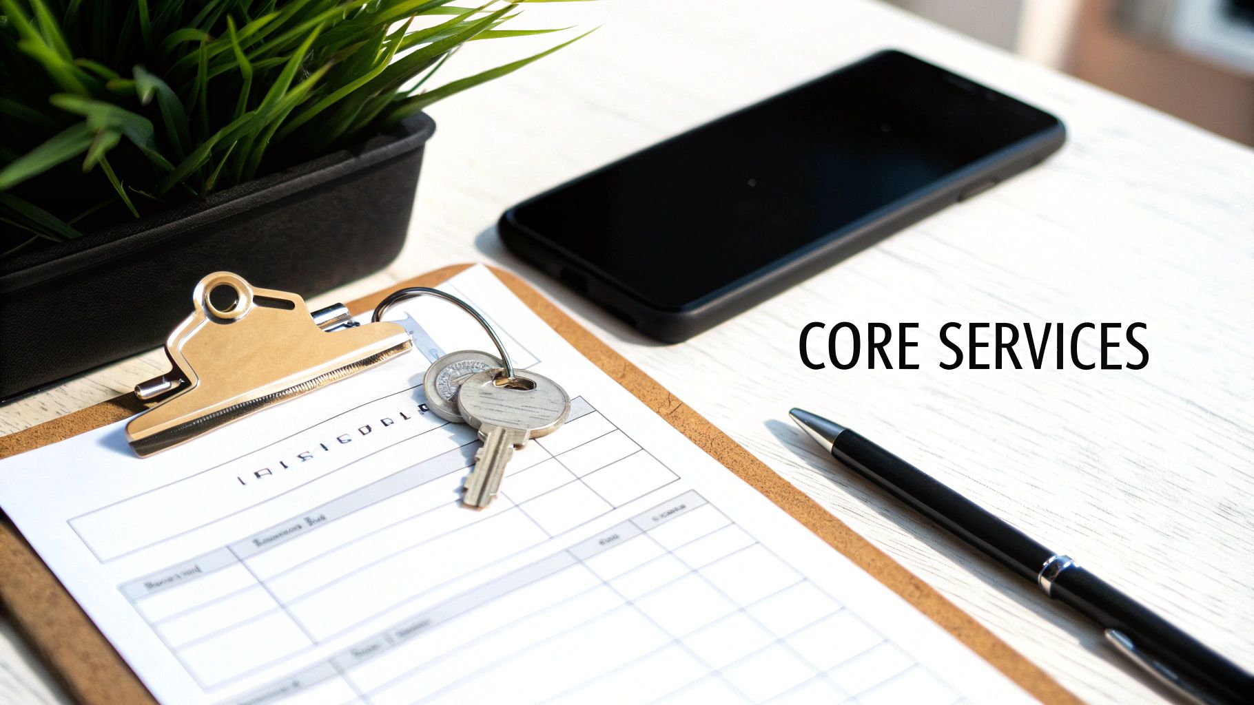 A flat lay of office essentials including a phone, keys, pen, and document with 'CORE SERVICES' text.