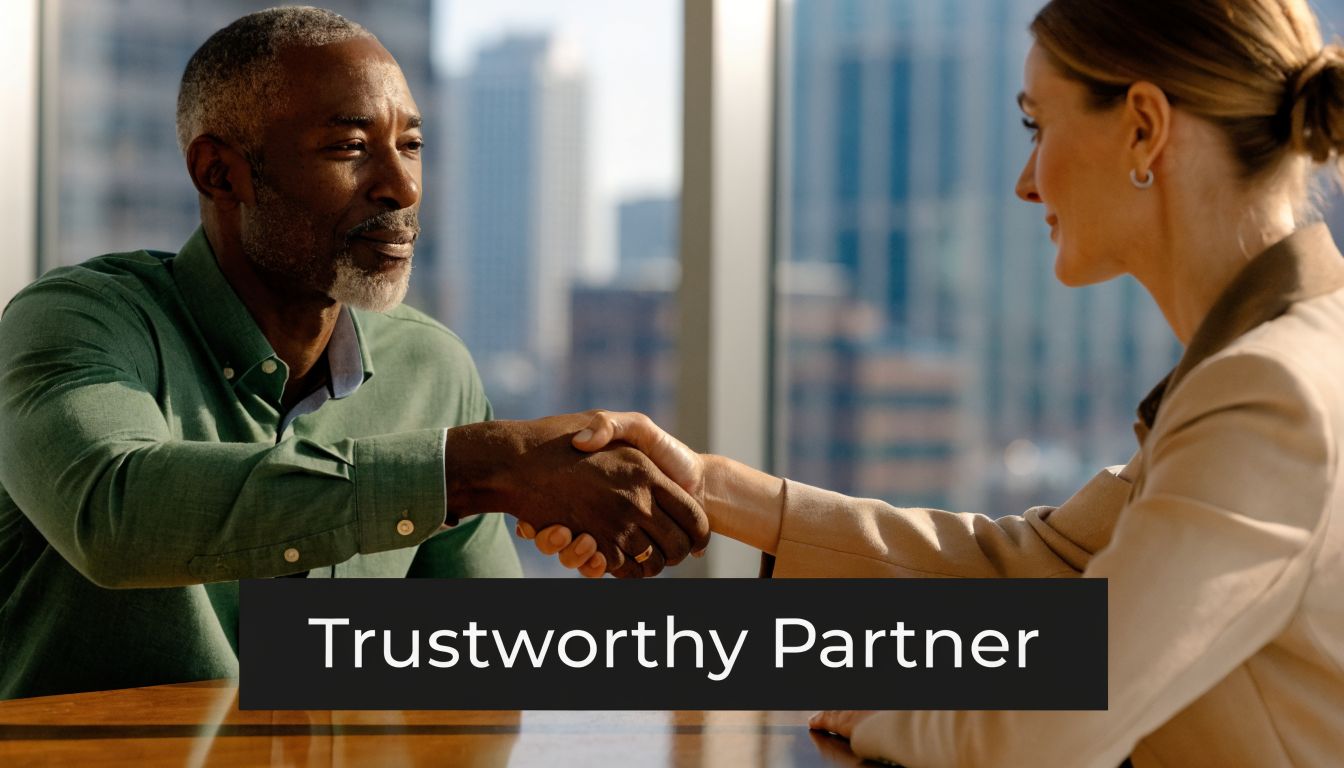 A professional man and woman shaking hands in a bright office, symbolizing a trustworthy partnership.