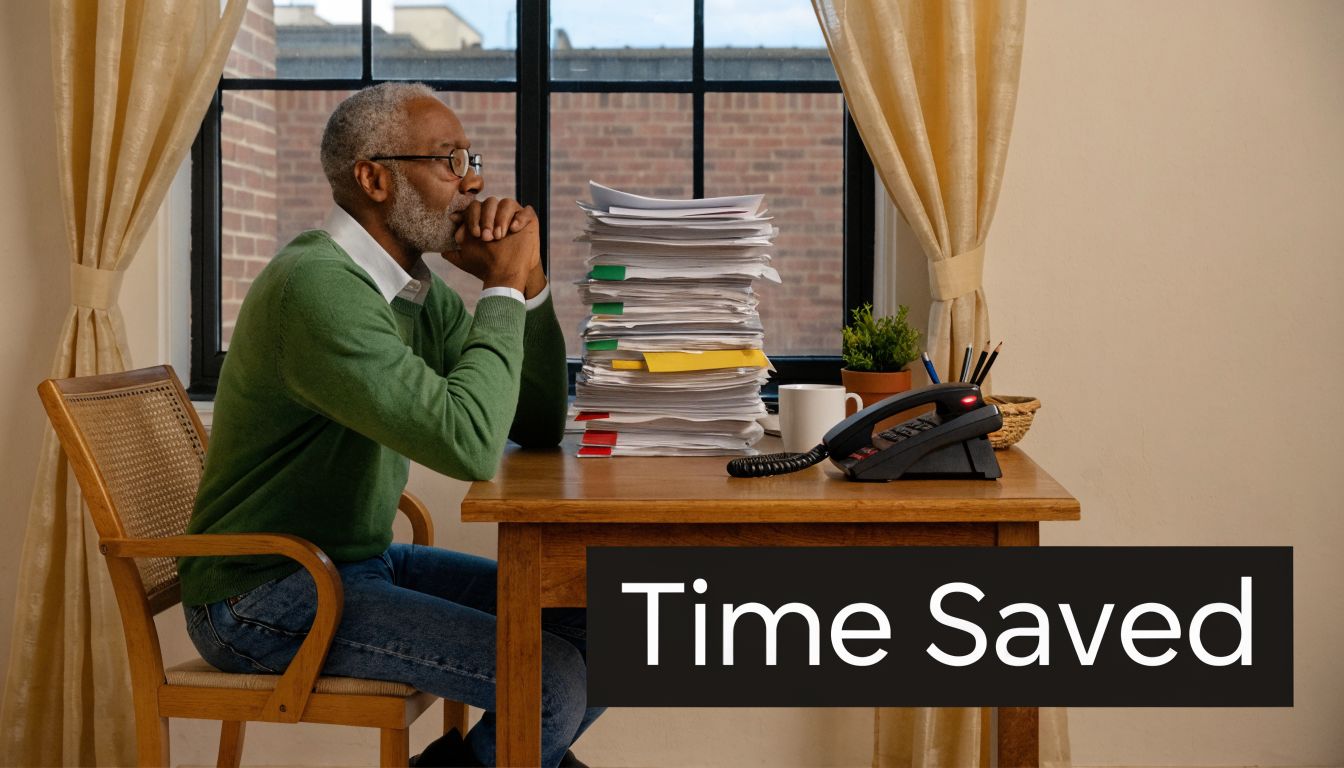 A professional man sits at a desk looking at a large stack of paperwork and documents.