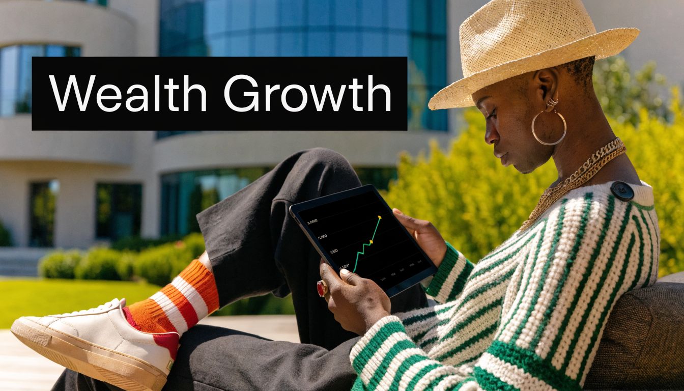 A stylish individual sitting outdoors, reviewing financial investment growth charts on a digital tablet computer.