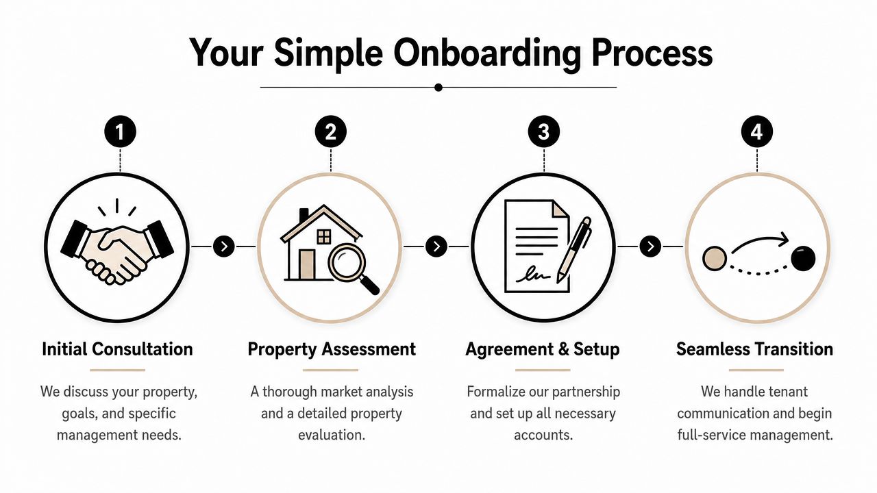 A four-step infographic illustrating the property management onboarding process from initial consultation to seamless transition.