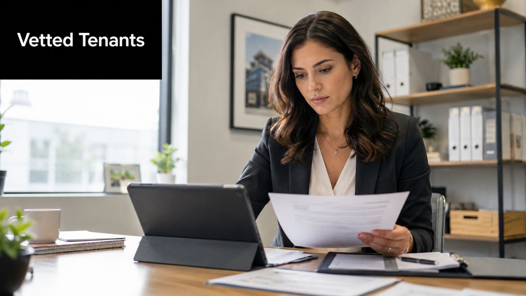 A professional woman in a suit sitting at a desk reviewing documents and working on a tablet.