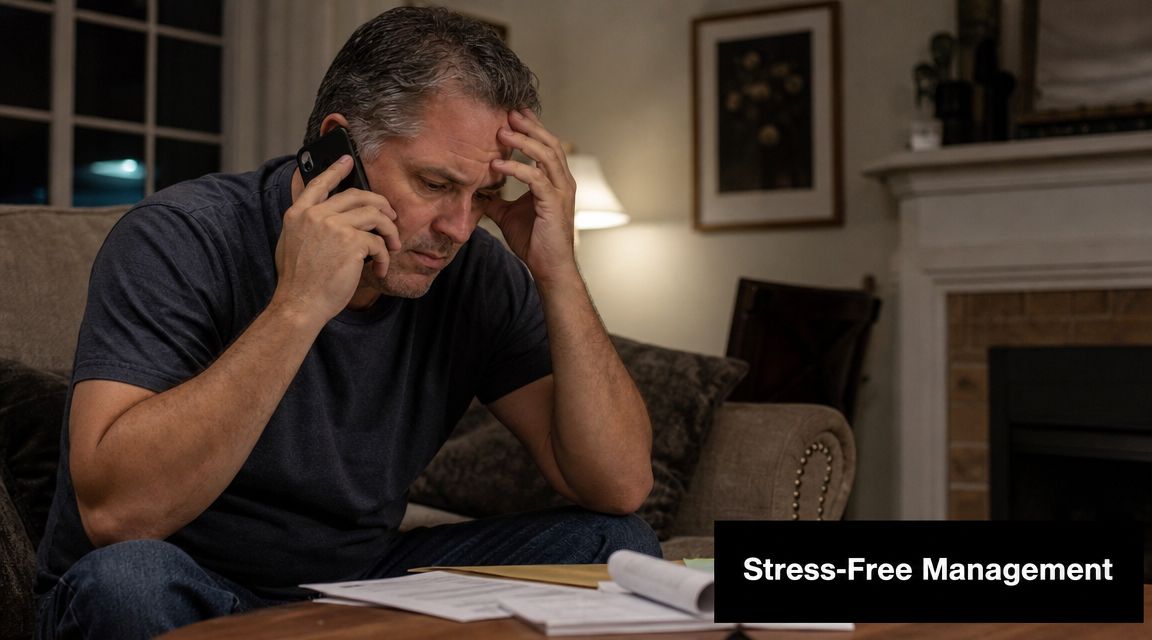 A stressed man sitting on his sofa at night while talking on his phone over documents.