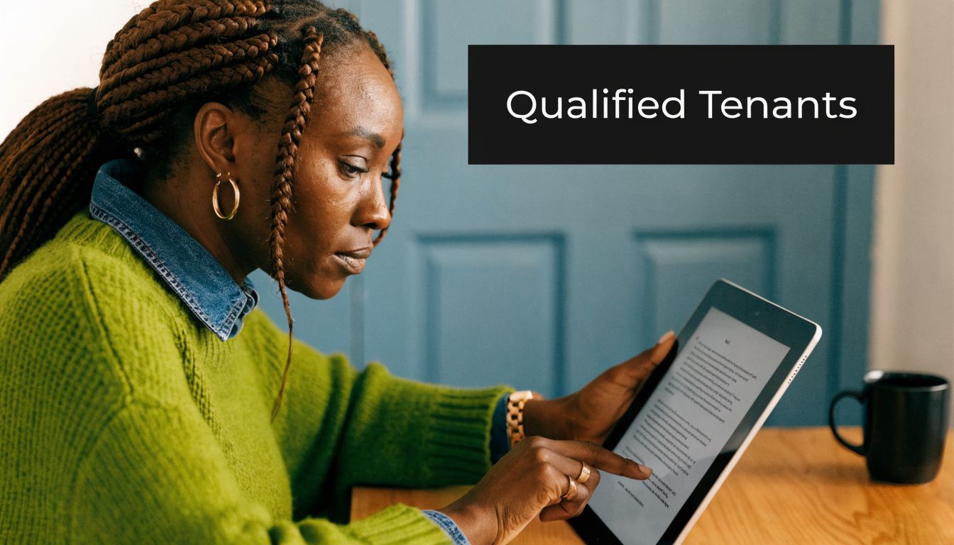 A woman using a digital tablet to screen potential renters while sitting at a wooden table.