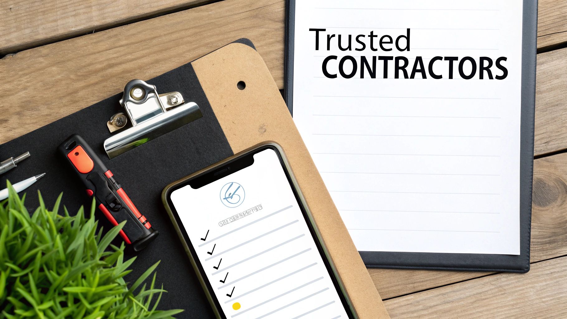 A flat lay of a wooden desk with a notebook displaying 'Trusted CONTRACTORS' and a smartphone showing a checklist.