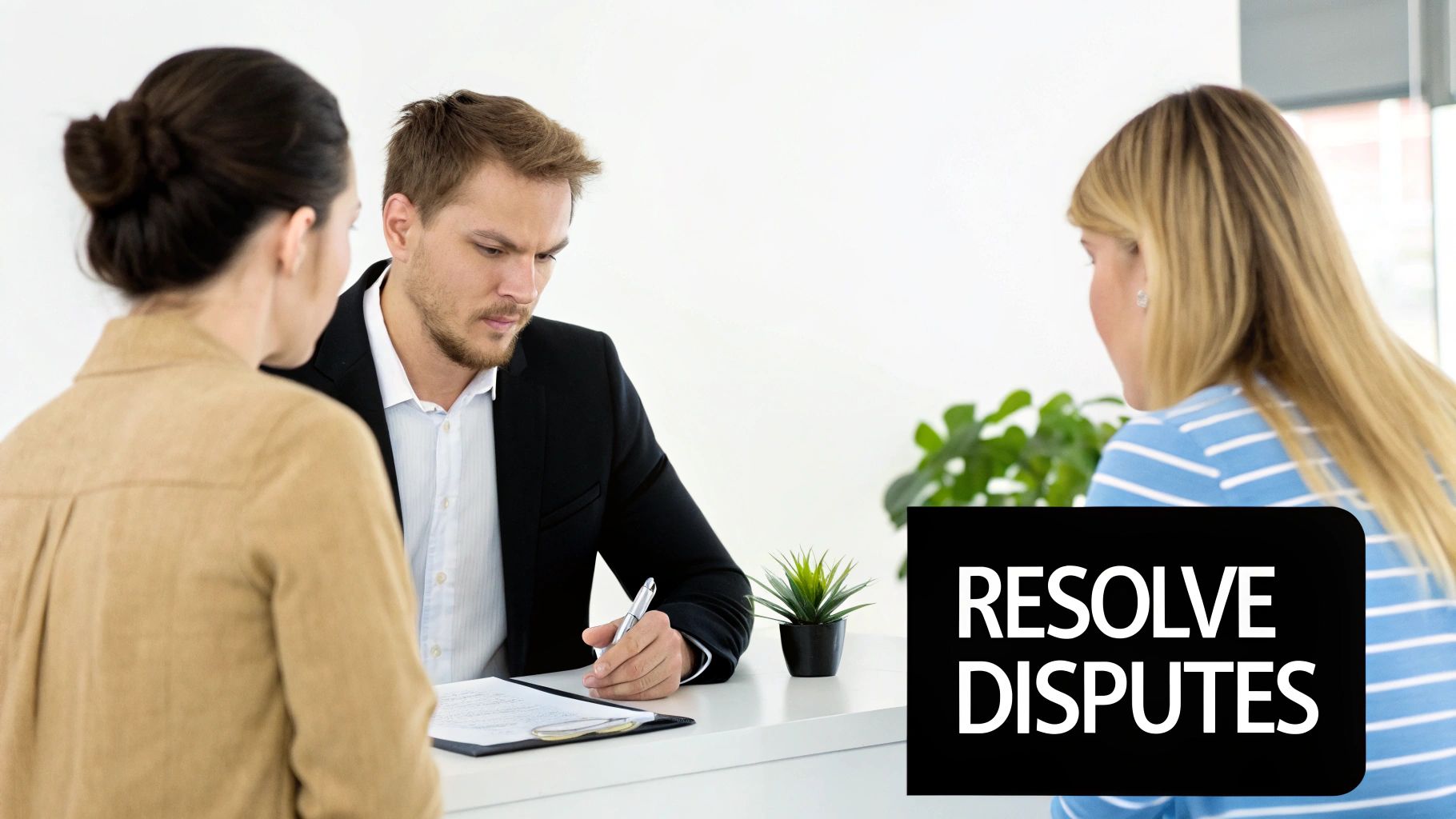 A male professional helps two women resolve disputes at a meeting table.