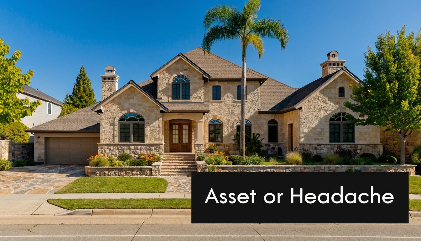 A luxurious stone-faced residential estate in Redlands, California, featuring a grand entrance and lush landscaping.