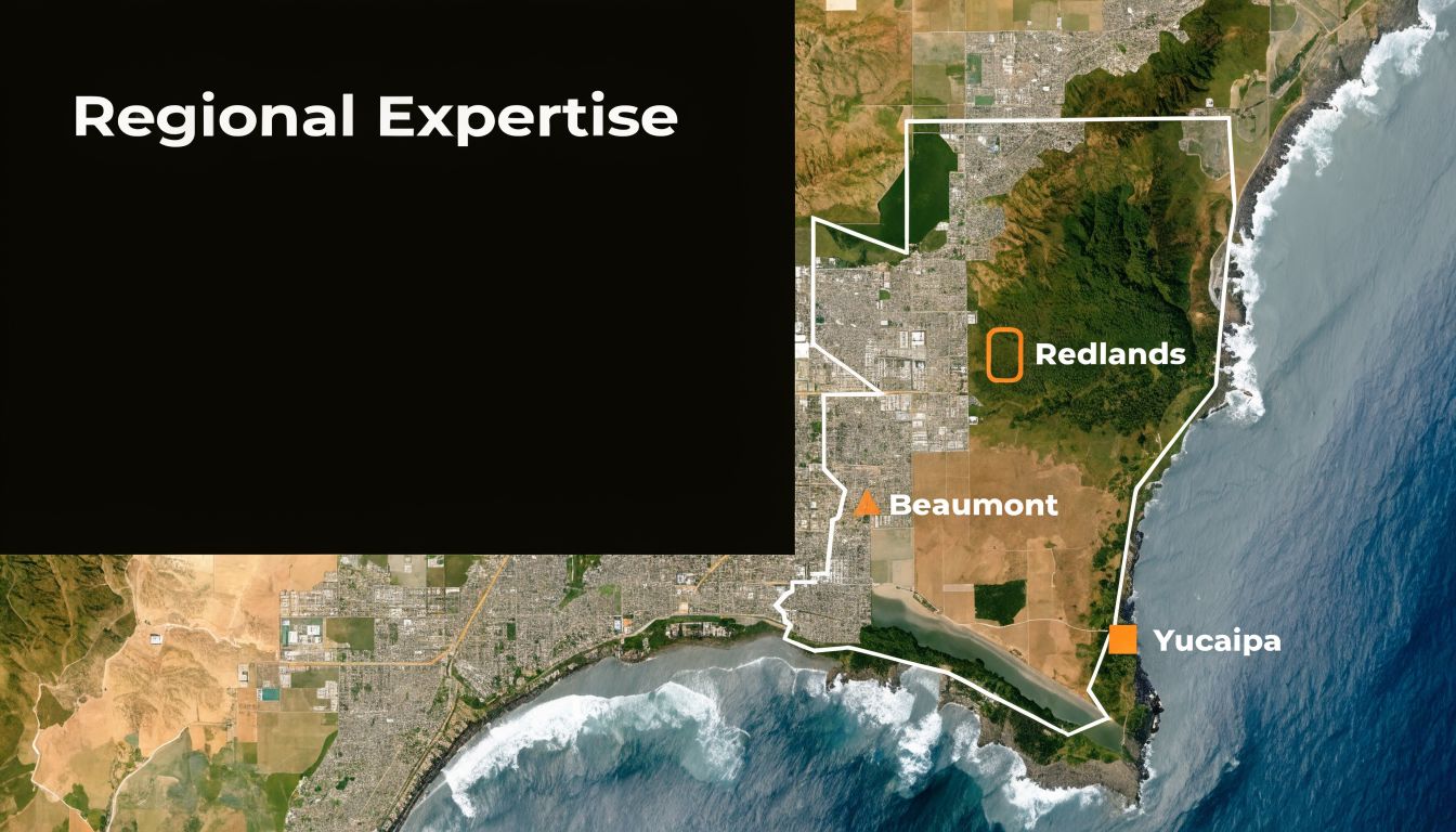 A satellite map highlighting regions including Redlands, Beaumont, and Yucaipa for regional property management expertise.