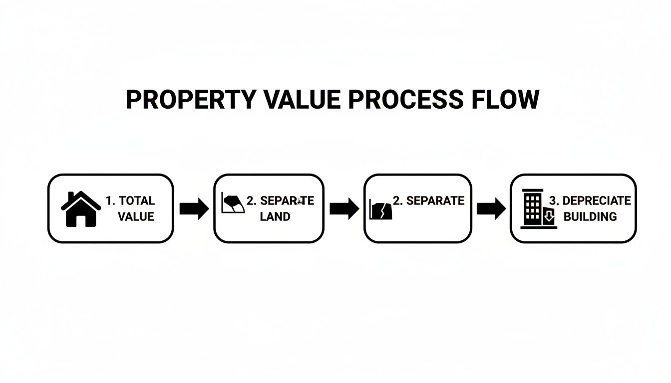 Flowchart showing the property value process, from total value to separating land and depreciating the building.