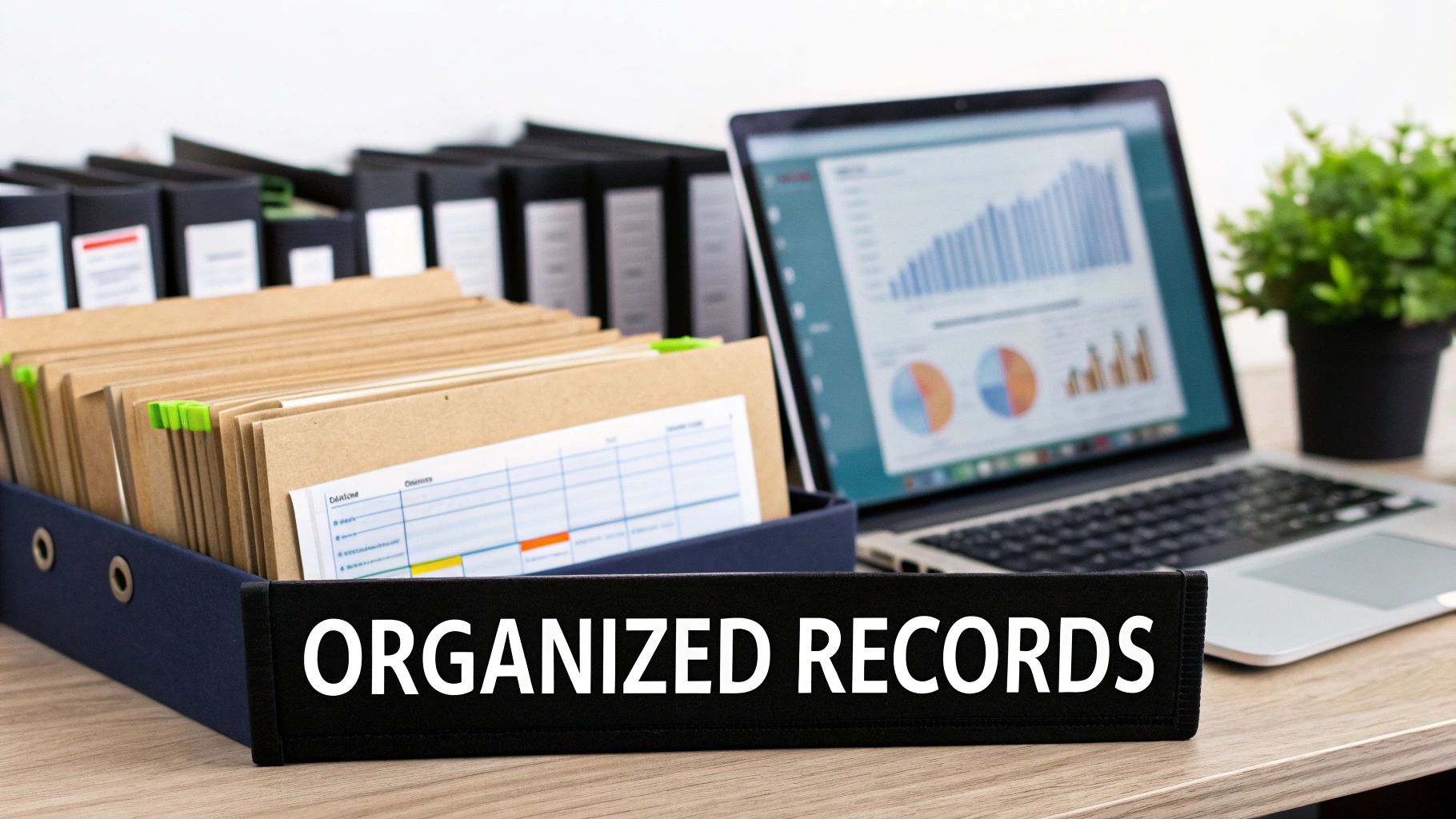 A desk with organized paper files, binders, a laptop displaying charts, and an 'Organized Records' sign.